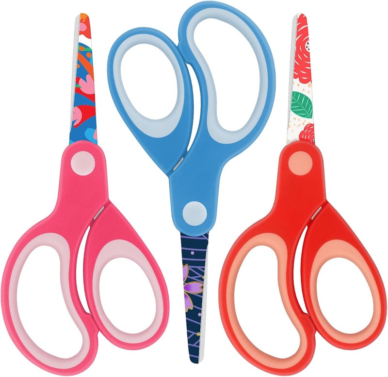 Asdirne Left Kids Scissors, Safety Children Scissors with Blunt Tip, Blades with Pattern, Great for Home and School, Assorted Color, 13.5cm, 3 Pack - Image 1
